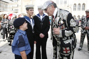 SEA CADETS FROM T S HURRICANE CHAT WITH PEARLY KING OF LONDON AT THE PEARLY KINGS & QUEENS HARVEST FESTIVAL AT THE GUILDHALL LONDON 28/9/14