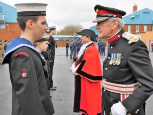 Paul Kennerley DL and Mayor Councillor Bishnu Gurung inspect members of Hounslow's Sea Cadet Corps 